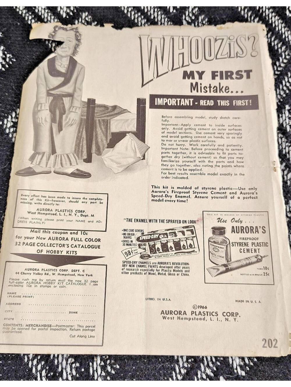 Aurora Plastics 1966 "Whoozis? My First Mistake" Model Kit Instruction Sheet – V
